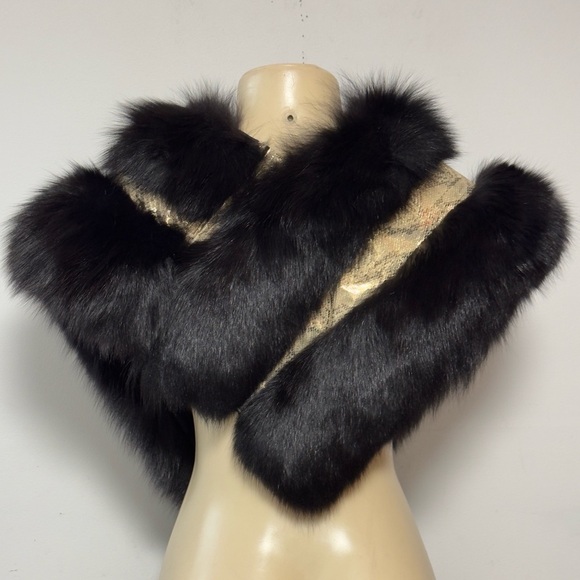 Vintage Black Mink Arctic Fox Fur Shawl Oversized Gold Trim Adjustable‎ Stole - Picture 7 of 16